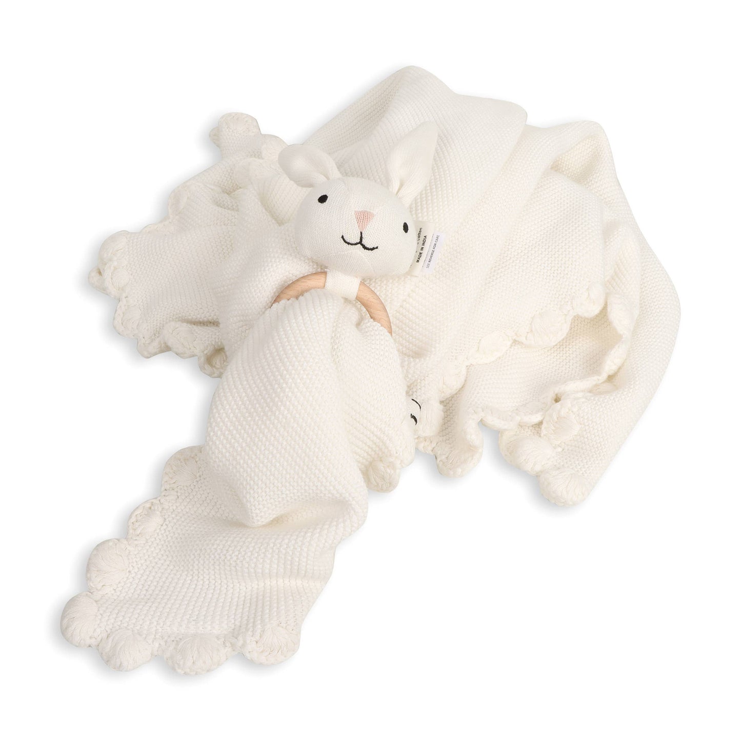 Scallop Classic Knit Baby Blanket+Bunny Rattle Gift SET