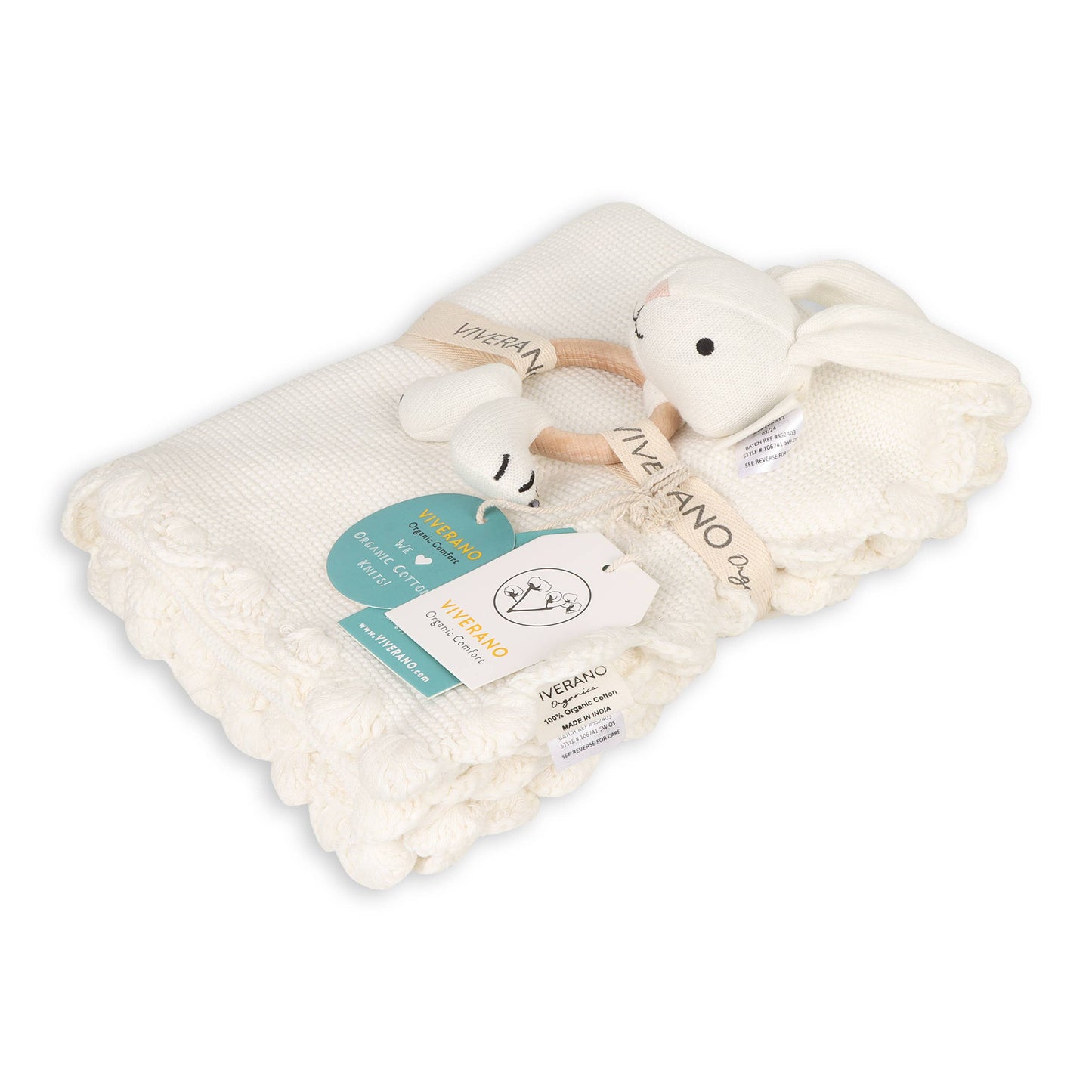 Scallop Classic Knit Baby Blanket+Bunny Rattle Gift SET