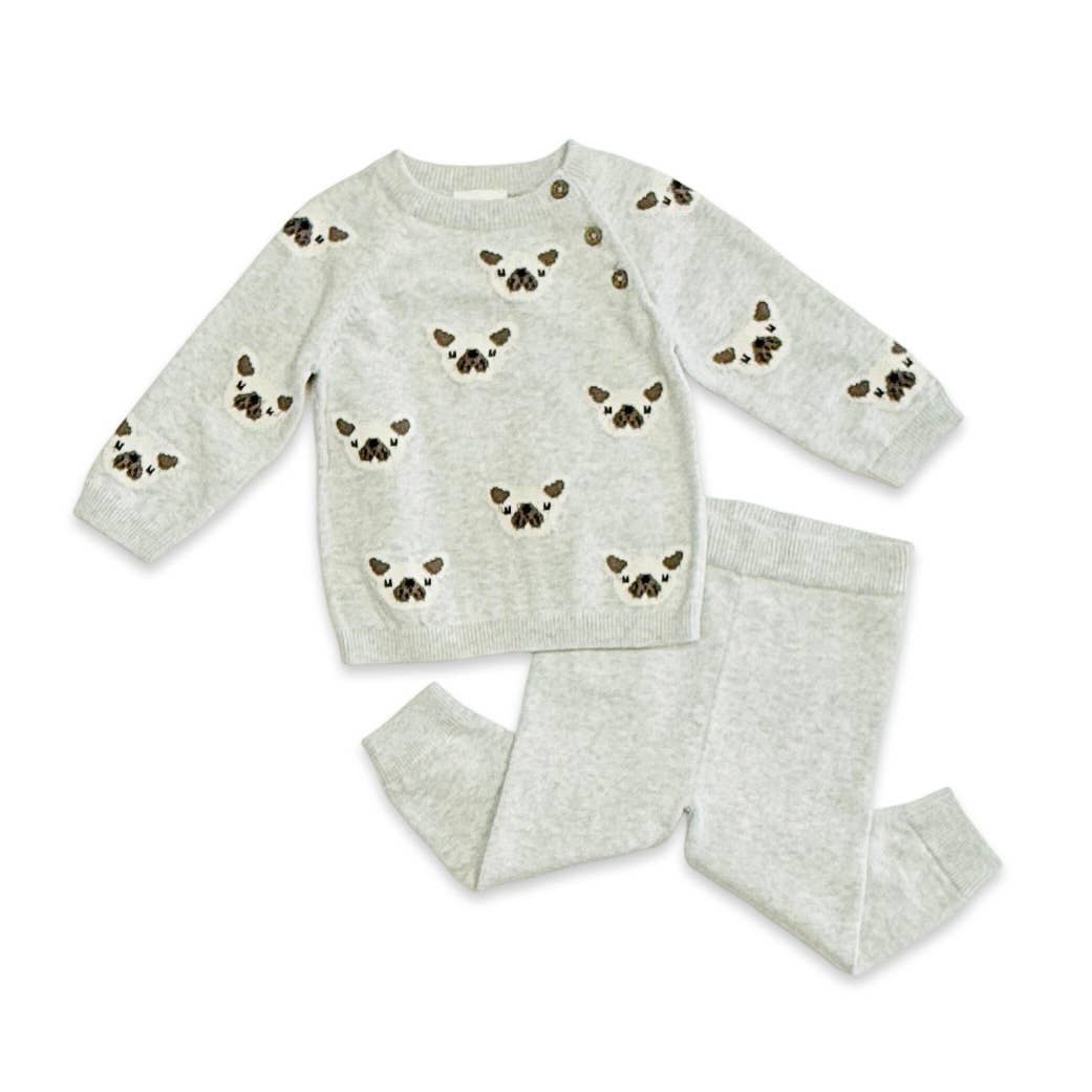 Frenchie Puppy Jacquard Knit Baby Pullover + Pants  Organic