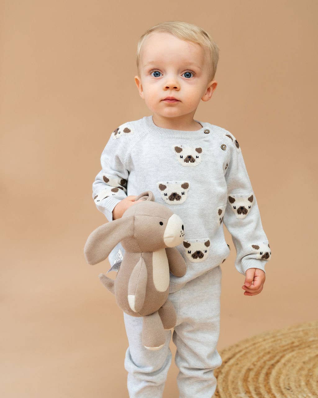 Frenchie Puppy Jacquard Knit Baby Pullover + Pants  Organic
