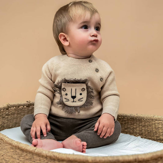 Lion Appliqué Sweater Knit Baby Pullover & Pant SET -Organic