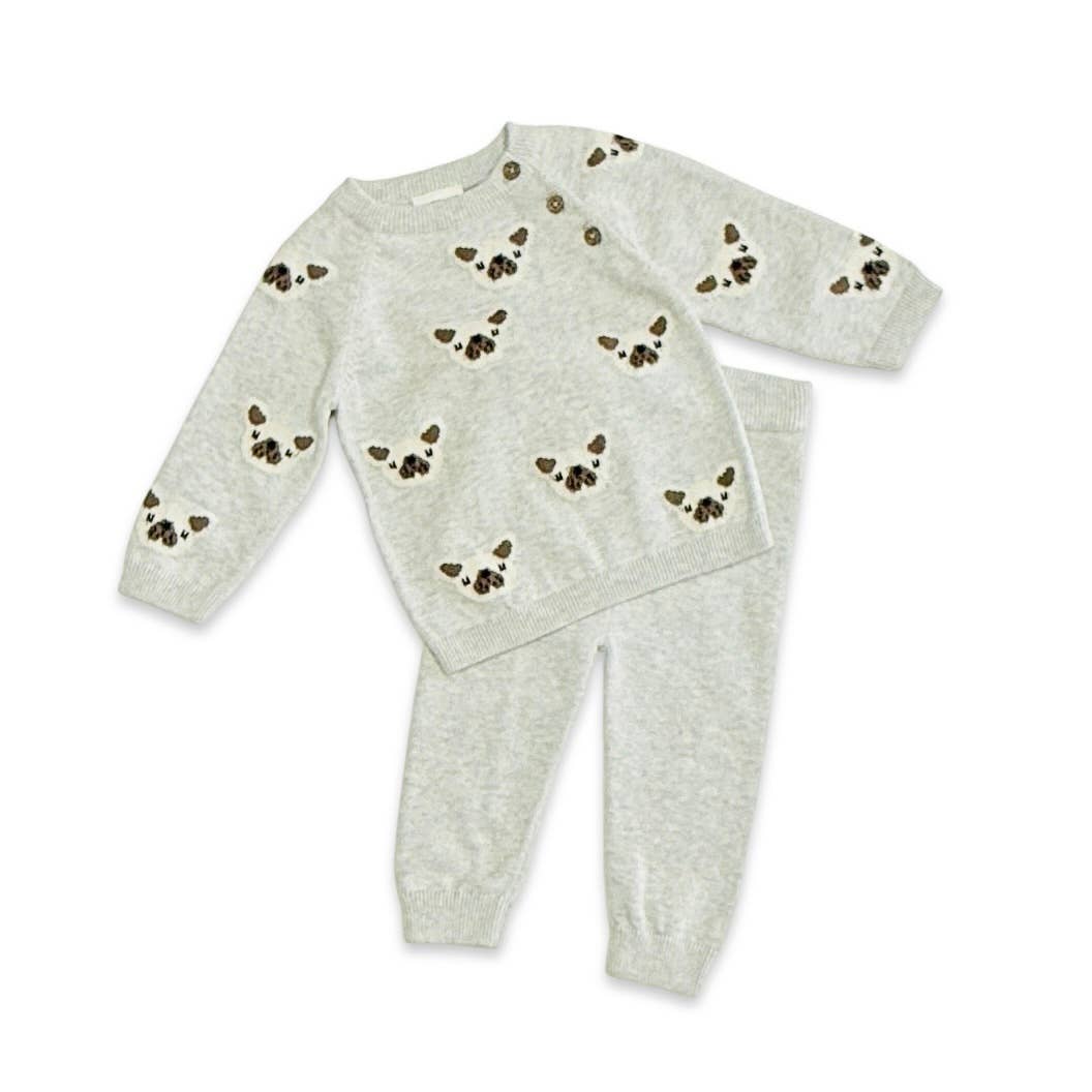 Frenchie Puppy Jacquard Knit Baby Pullover + Pants  Organic