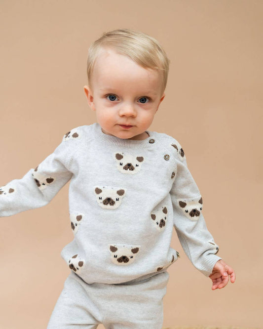 Frenchie Puppy Jacquard Knit Baby Pullover + Pants  Organic
