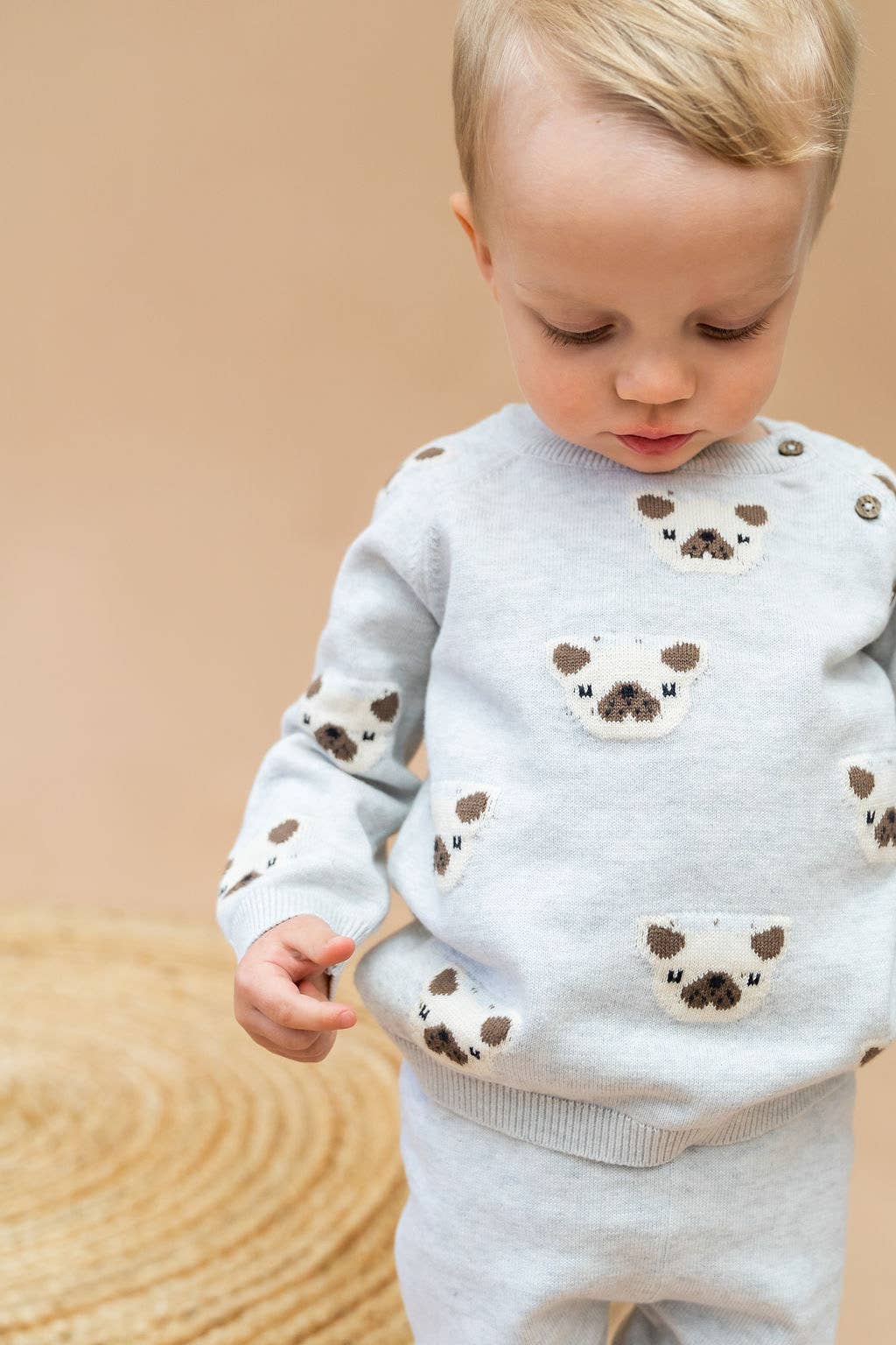 Frenchie Puppy Jacquard Knit Baby Pullover + Pants  Organic
